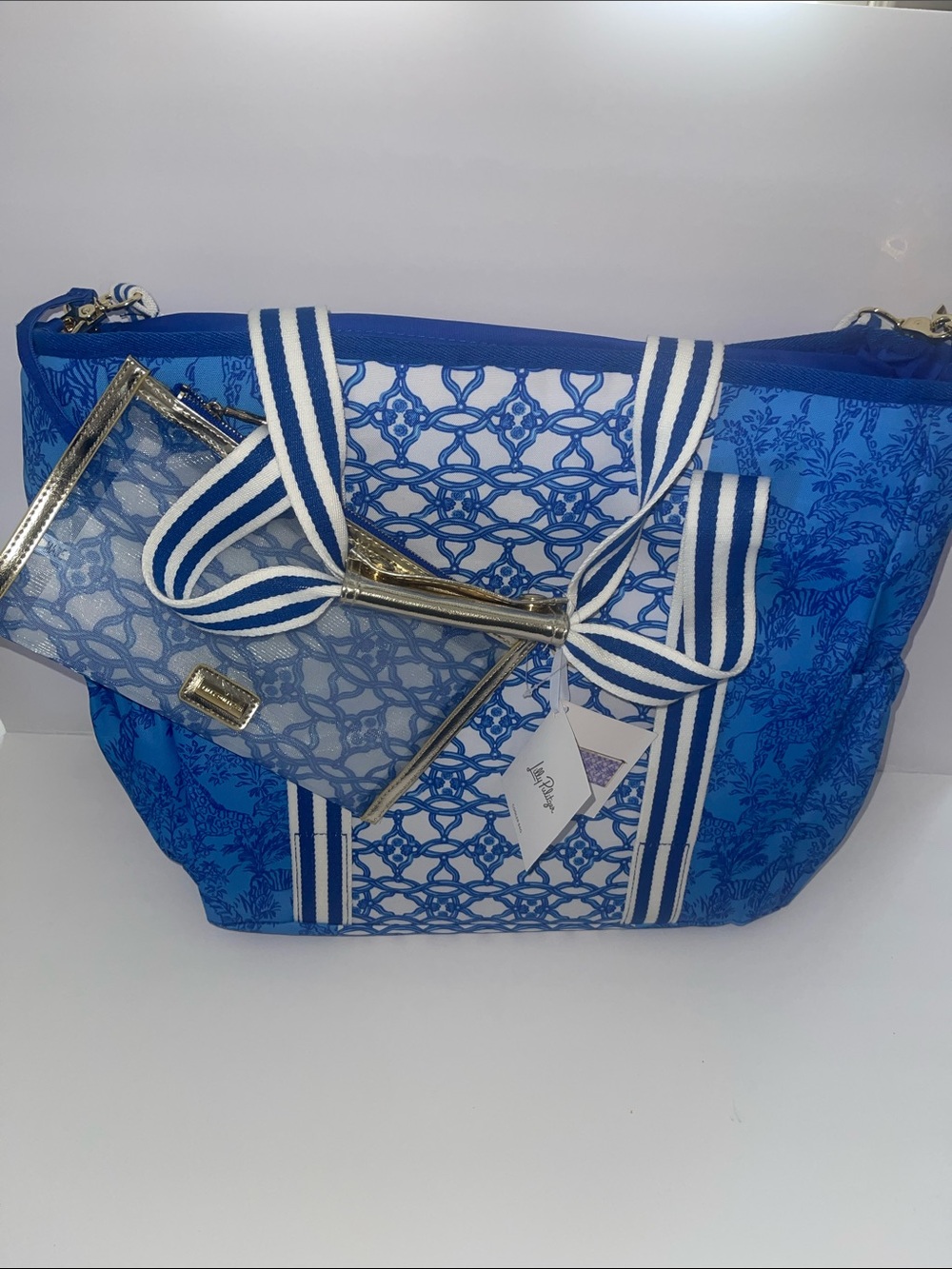 Blue Patterned Tote Bag with Striped Strap